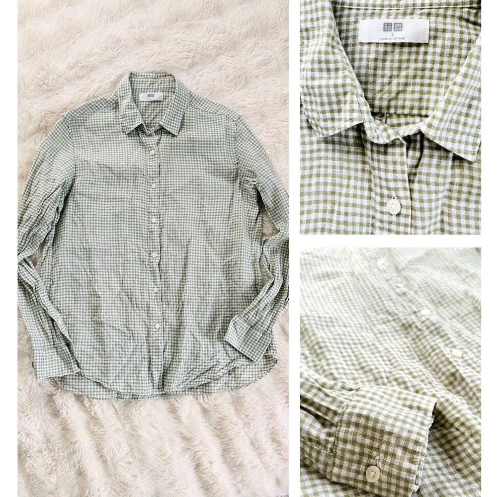 Uniqlo 100% Linen Green Gingham Button-Down Shirt